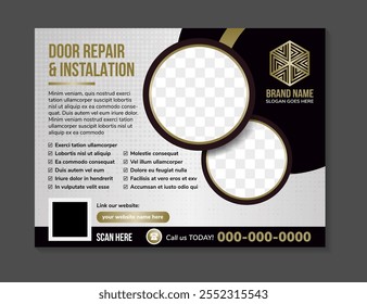 Door repair and installation service. Handyman makes door lock repair works with screwdriver. Vector illustration flyer design in horizontal layout with photo space. Home maintenance services concept