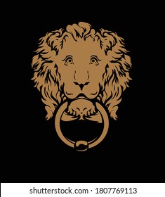 Door ring in the form of a head of lion. Vector drawing for logo and illustrations.