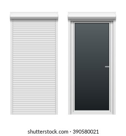 Door with rolling shutters, close and open. Vector illustration.