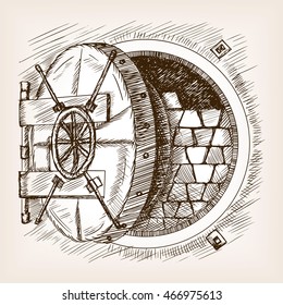 Door to room safe sketch style vector illustration. Old engraving imitation.