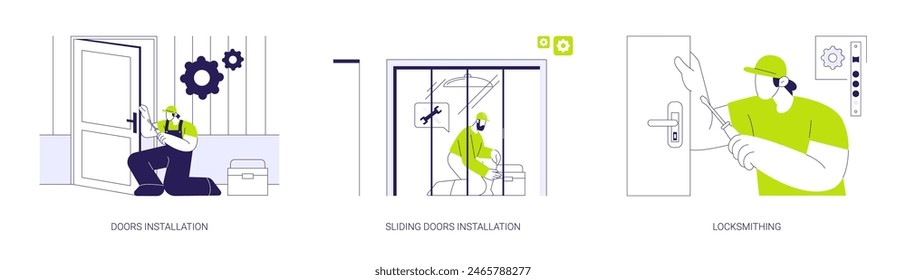 Door service abstract concept vector illustration set. Doors installation, sliding door in new apartment, locksmithing service, interior works in private house building abstract metaphor.