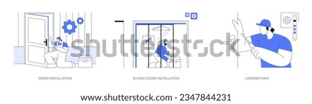 Door service abstract concept vector illustration set. Doors installation, sliding door in new apartment, locksmithing service, interior works in private house building abstract metaphor.