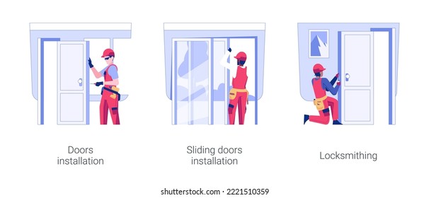 Conjunto de ilustraciones vectoriales de concepto aislado de servicio de puerta. Instalación de puertas, puerta corredera en nuevo apartamento, servicio de herrería, trabajos interiores en caricatura vectorial de edificio privado.