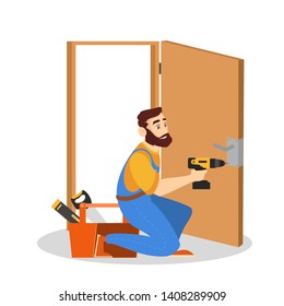 Door service. Repairman in the uniform with special equipment repair door element. Locksmith fix lock. Isolated vector illustration in cartoon style