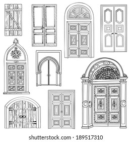 Door Set. Collection Of Hand Drawn Sketch Vintage Doors.