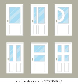 Door, set of white doors with glass. Vector illustration.