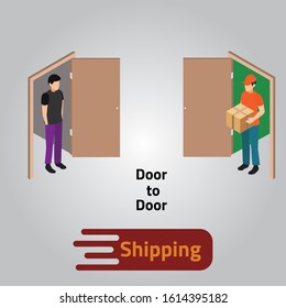 Door to door shipping. delivery man deliver the shipment. two isometric men with doors. 