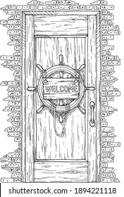 A door with a ship's steering wheel hanging on it.