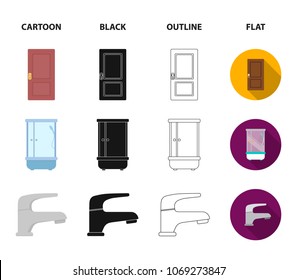 Door, shower cubicle, mirror with drawers, faucet.Furniture set collection icons in cartoon,black,outline,flat style vector symbol stock illustration web.