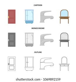 Door, shower cubicle, mirror with drawers, faucet.Furniture set collection icons in cartoon,outline,monochrome style vector symbol stock illustration web.