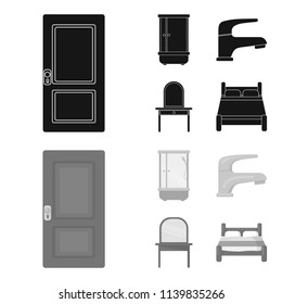 Door, shower cubicle, mirror with drawers, faucet.Furniture set collection icons in black,monochrom style vector symbol stock illustration web.