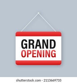 Door sign with grand opening. Megaphone banner. Web design. Vector stock illustration.