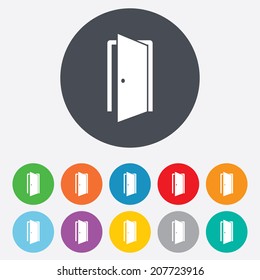Door sign icon. Enter or exit symbol. Internal door. Round colourful 11 buttons. Vector