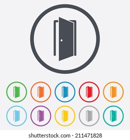 Door sign icon. Enter or exit symbol. Internal door. Round circle buttons with frame. Vector