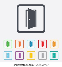 Door sign icon. Enter or exit symbol. Internal door. Round squares buttons with frame. Vector