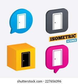 Door sign icon. Enter or exit symbol. Internal door. Isometric speech bubbles and cube. Rotated icons with edges. Vector
