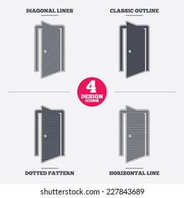 Door sign icon. Enter or exit symbol. Internal door. Diagonal and horizontal lines, classic outline, dotted texture. Pattern design icons.  Vector