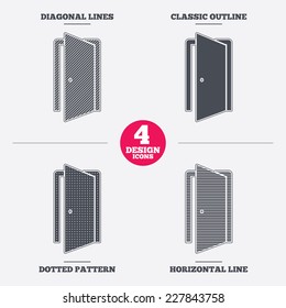 Door sign icon. Enter or exit symbol. Internal door. Diagonal and horizontal lines, classic outline, dotted texture. Pattern design icons.  Vector