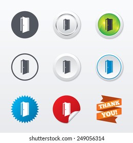 Door sign icon. Enter or exit symbol. Internal door. Circle concept buttons. Metal edging. Star and label sticker. Vector