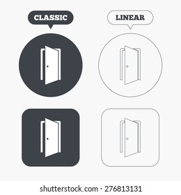 Door sign icon. Enter or exit symbol. Internal door. Classic and line web buttons. Circles and squares. Vector