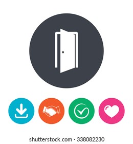 Door sign icon. Enter or exit symbol. Internal door. Download arrow, handshake, tick and heart. Flat circle buttons.