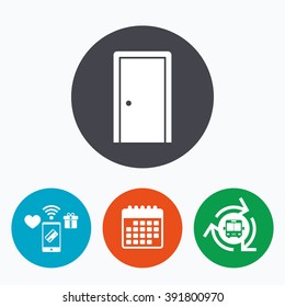Door sign icon. Enter or exit symbol. Internal door. Mobile payments, calendar and wifi icons. Bus shuttle.