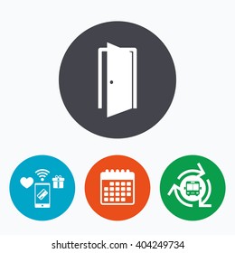 Door sign icon. Enter or exit symbol. Internal door. Mobile payments, calendar and wifi icons. Bus shuttle.