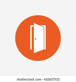 Door sign icon. Enter or exit symbol. Internal door. Orange circle button with icon. Vector