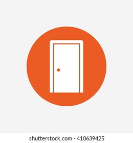 Door sign icon. Enter or exit symbol. Internal door. Orange circle button with icon. Vector