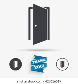 Door sign icon. Enter or exit symbol. Internal door. Flat icons. Buttons with icons. Thank you ribbon. Vector