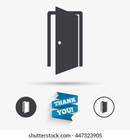 Door sign icon. Enter or exit symbol. Internal door. Flat icons. Buttons with icons. Thank you ribbon. Vector