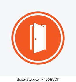 Door sign icon. Enter or exit symbol. Internal door. Graphic design element. Flat door symbol on the round button. Vector