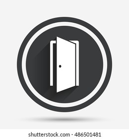 Door sign icon. Enter or exit symbol. Internal door. Circle flat button with shadow and border. Vector