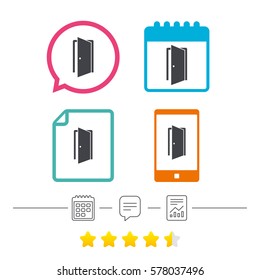 Door sign icon. Enter or exit symbol. Internal door. Calendar, chat speech bubble and report linear icons. Star vote ranking. Vector