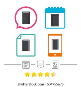 Door sign icon. Enter or exit symbol. Internal door. Calendar, chat speech bubble and report linear icons. Star vote ranking. Vector