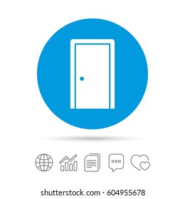 Door sign icon. Enter or exit symbol. Internal door. Copy files, chat speech bubble and chart web icons. Vector