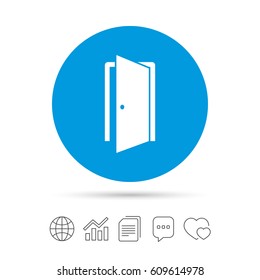 Door sign icon. Enter or exit symbol. Internal door. Copy files, chat speech bubble and chart web icons. Vector