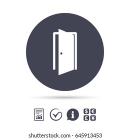 Door sign icon. Enter or exit symbol. Internal door. Report document, information and check tick icons. Currency exchange. Vector