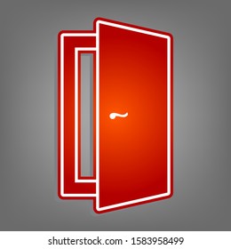 Door sign illustration. Flat red icon with linear white icon with gray shadow at grayish background. Illustration.