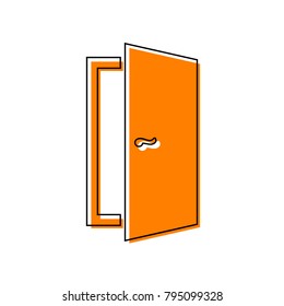Door sign illustration. Vector. Black line icon with shifted flat orange filled icon on white background. Isolated.