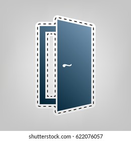 Door sign illustration. Vector. Blue icon with outline for cutting out at gray background.