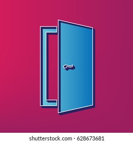 Door sign illustration. Vector. Blue 3d printed icon on magenta background.
