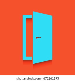 Door sign illustration. Vector. Blue icon with soft shadow putted down on flamingo background.