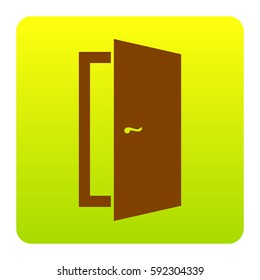 Door sign illustration. Vector. Brown icon at green-yellow gradient square with rounded corners on white background. Isolated.