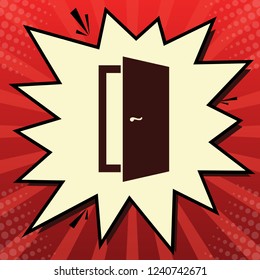 Door sign illustration. Vector. Dark red icon in lemon chiffon shutter bubble at red popart background with rays.