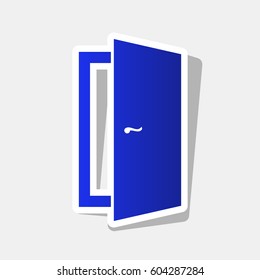 Door sign illustration. Vector. New year bluish icon with outside stroke and gray shadow on light gray background.