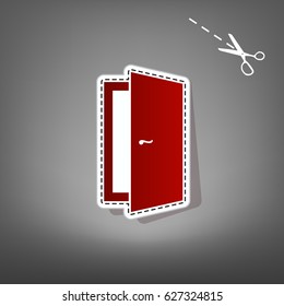 Door sign illustration. Vector. Red icon with for applique from paper with shadow on gray background with scissors.