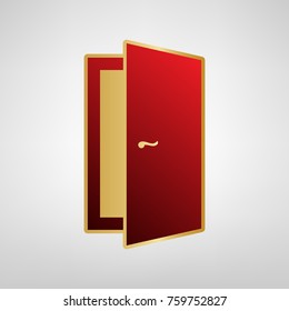 Door sign illustration. Vector. Red icon on gold sticker at light gray background.