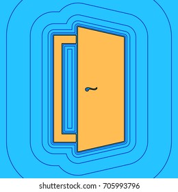 Door sign illustration. Vector. Sand color icon with black contour and equidistant blue contours like field at sky blue background. Like waves on map - island in ocean or sea.