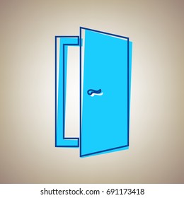 Door sign illustration. Vector. Sky blue icon with blue contour on beige background.